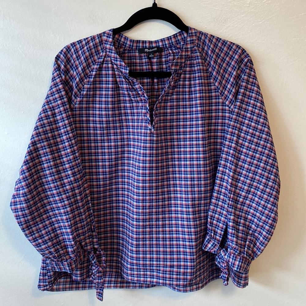 Madewell prairie style blue and red plaid cotton blouse balloon sleeves size L